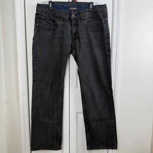 Y2K Mens Straight Leg Embroidered Back Pocket Jeans Faded Black 36x30